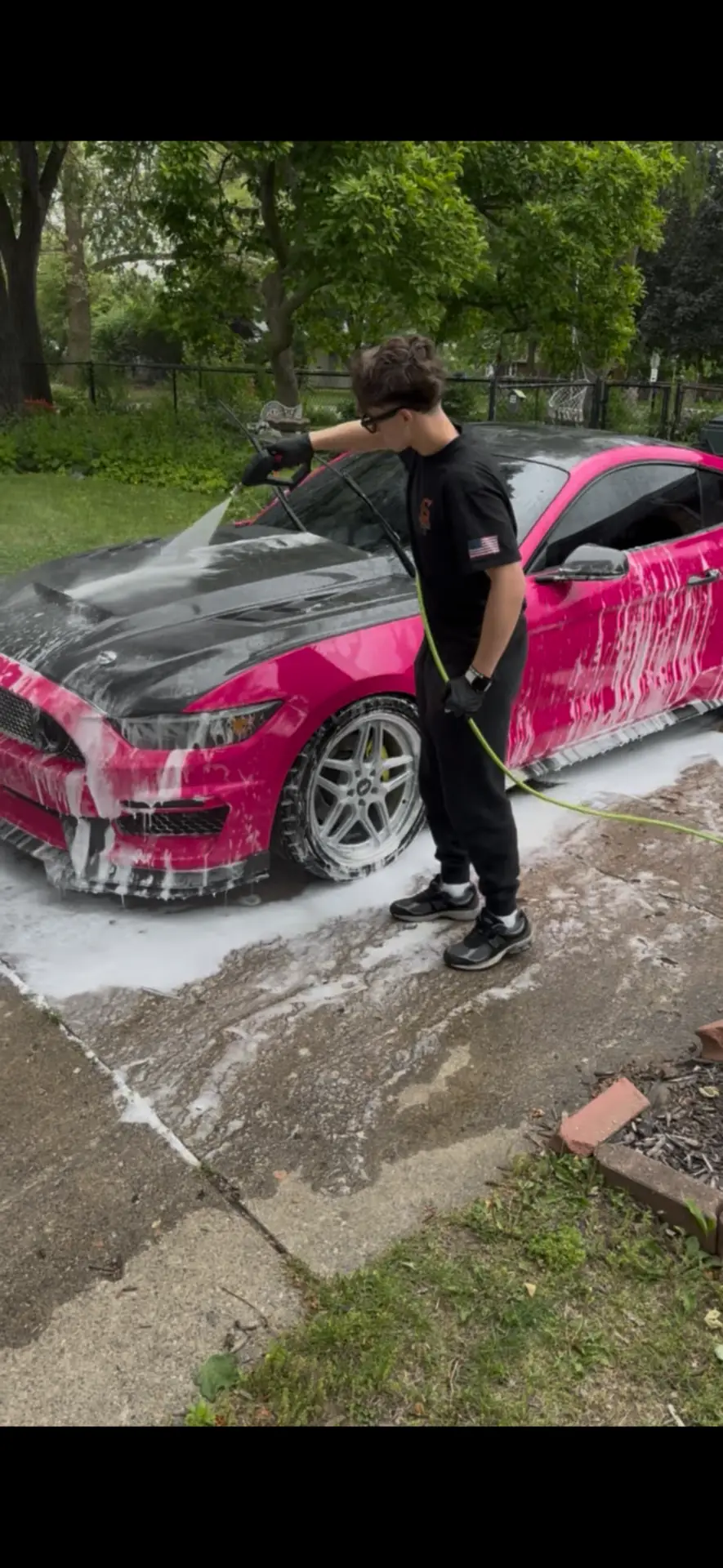 Foam wash on a pink Mustang in Decatur, IL